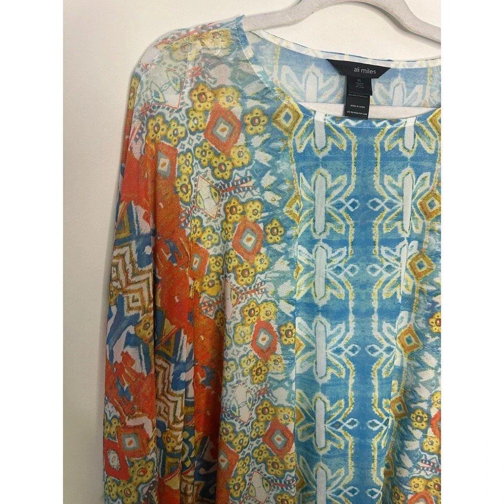Ali Miles Womens XL Sheer Mesh Poncho Top Geometric Handkerchief Hem *Flawed - Picture 3 of 14